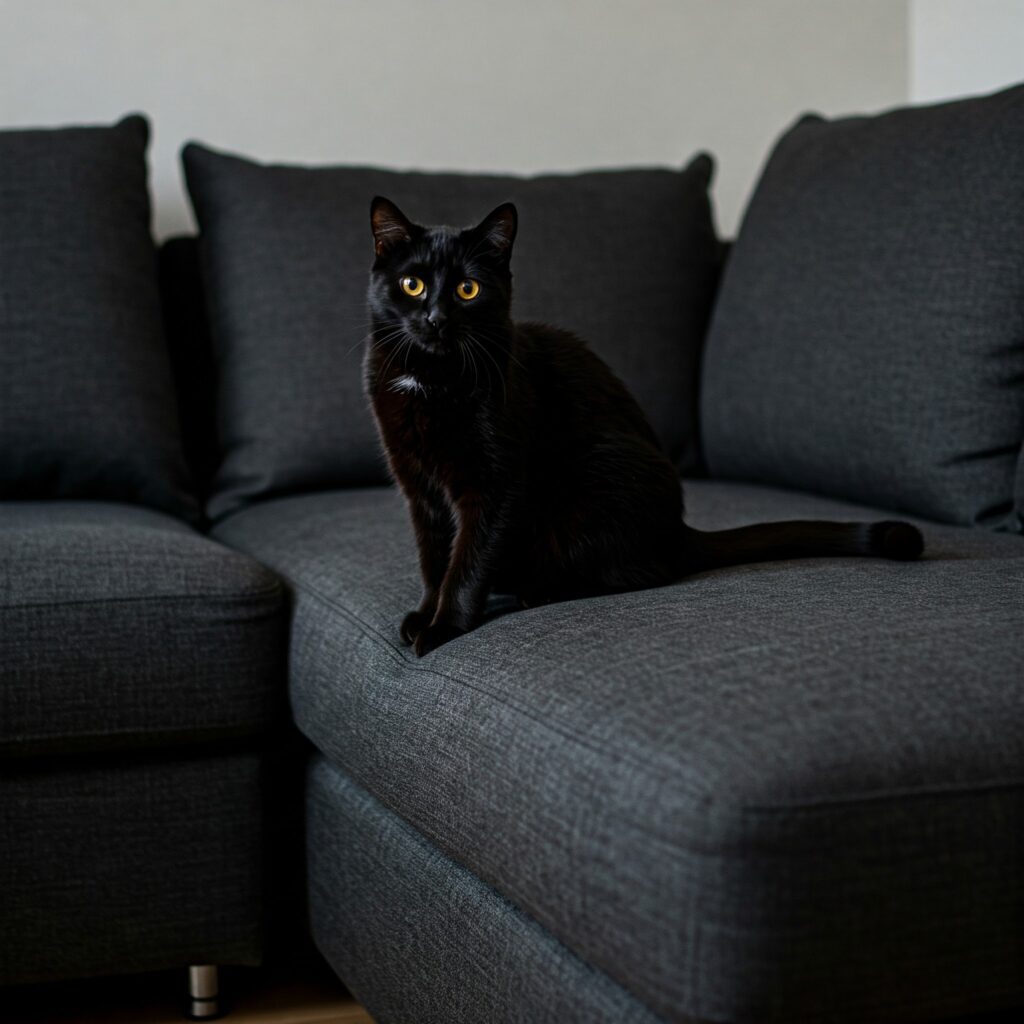 Guia Definitivo de Segurança para Gatos: Indoor e Outdoor 1 Gato preto sentado no sofa.