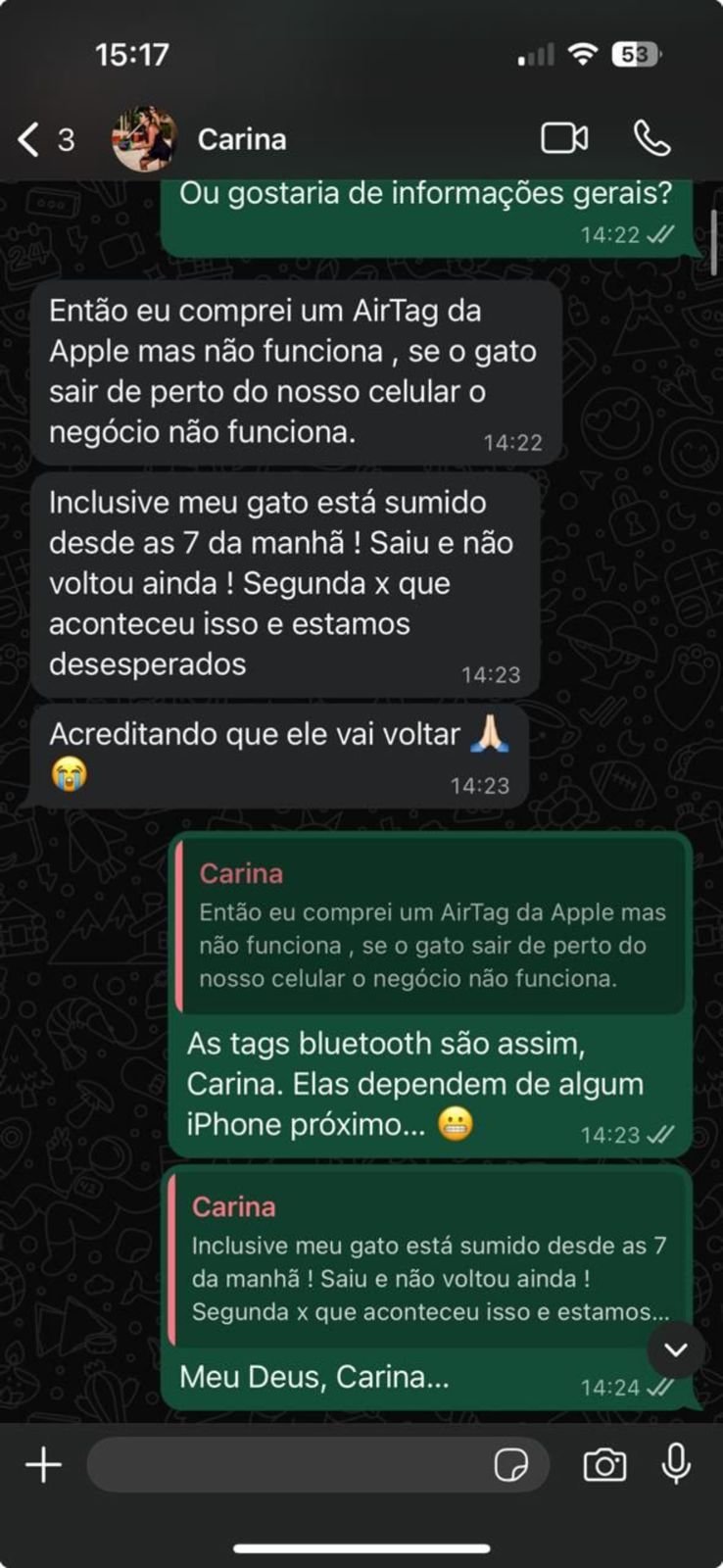 Print de cliente relatando falha na AirTag ao perder o gato