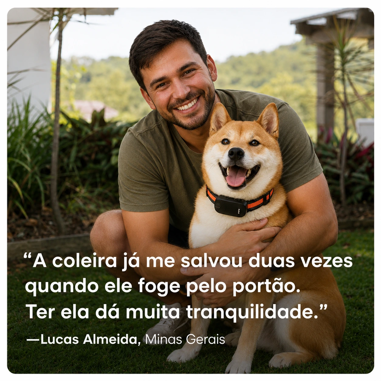 Cachorro sendo abraçado pelo dono, que disse que se sente mais tranquilo com a coleira gps nele - prova social