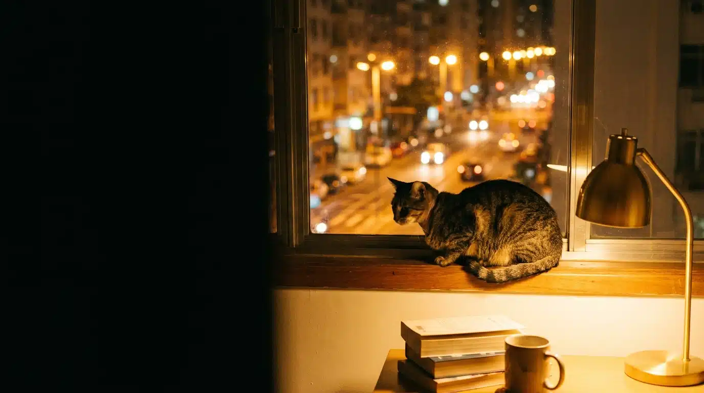 Gato na janela de um apartamento à noite na cidade