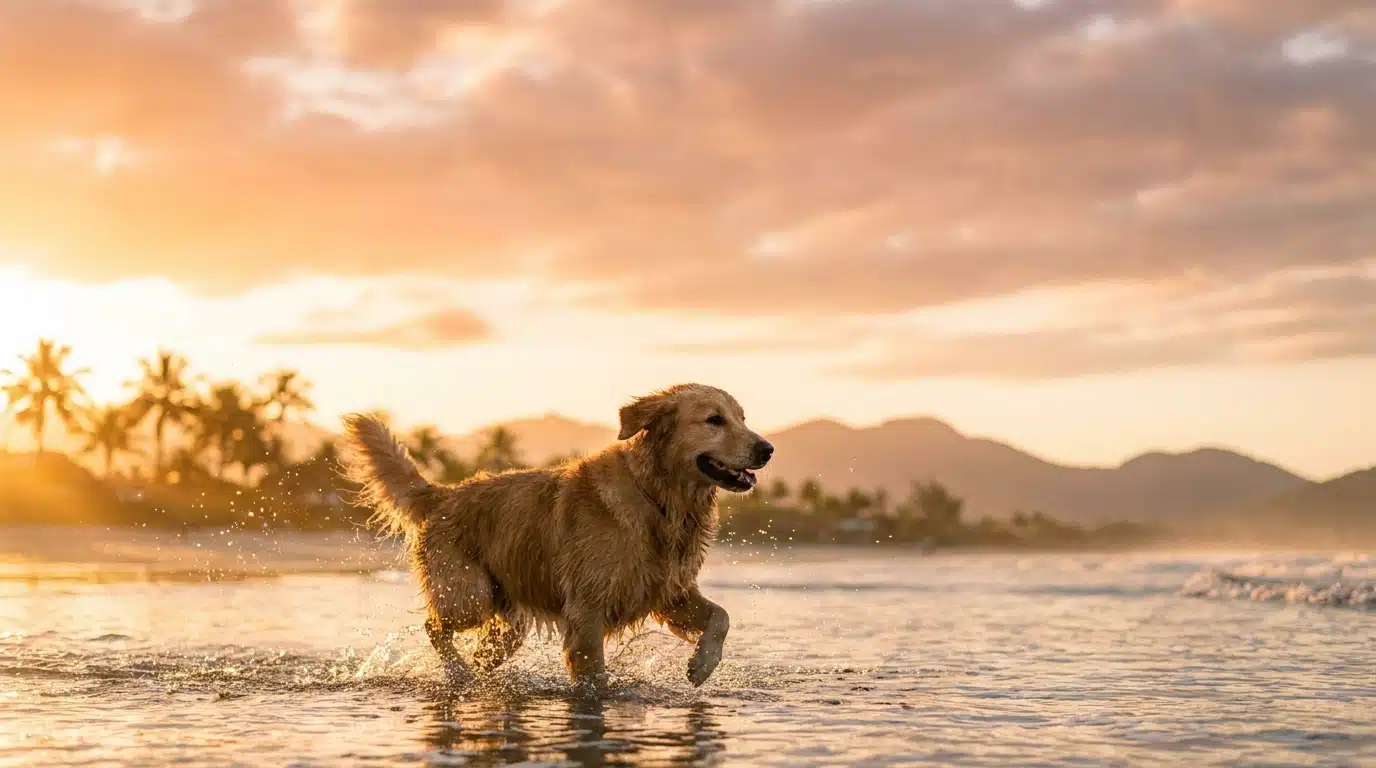 Cão correndo na praia ao entardecer
