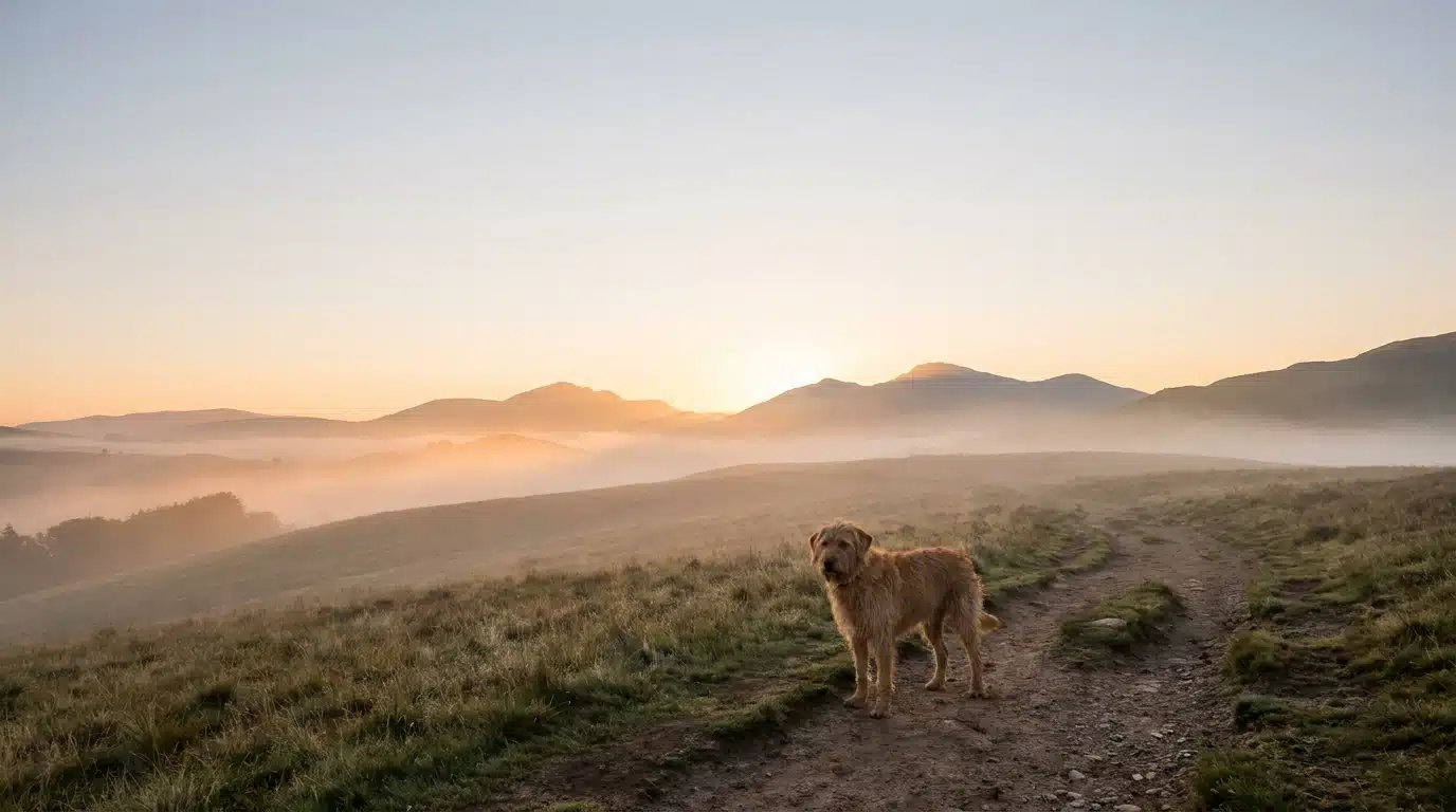 Cão em uma trilha no campo ao amanhecer